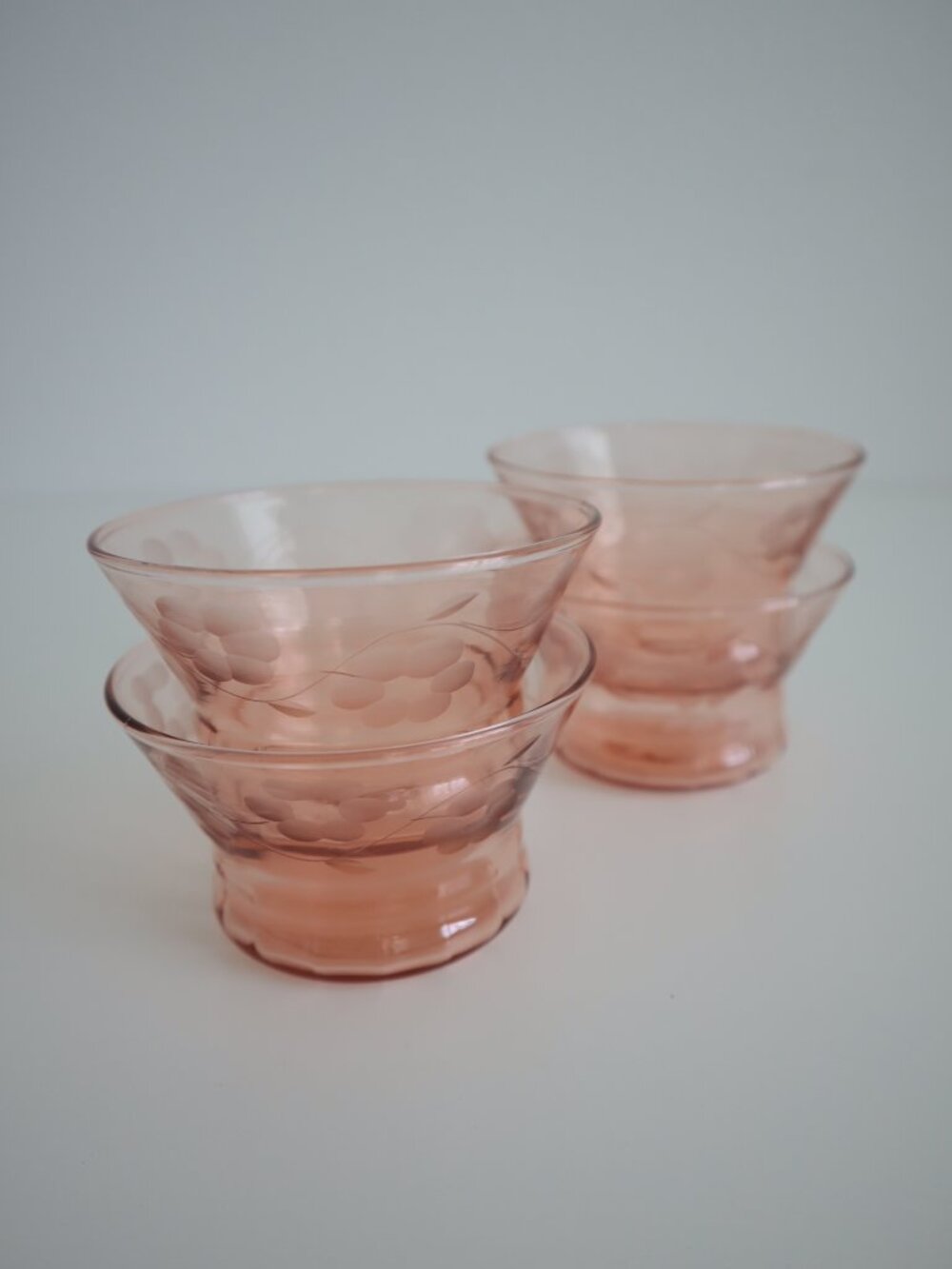 Pink Depression Glass Dessert Dishes with Etched Flowers | Set of 4